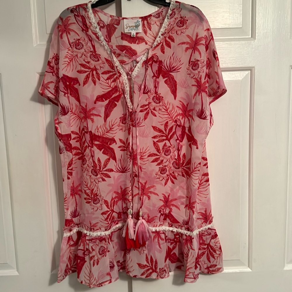 Pink tropical patterned coverup